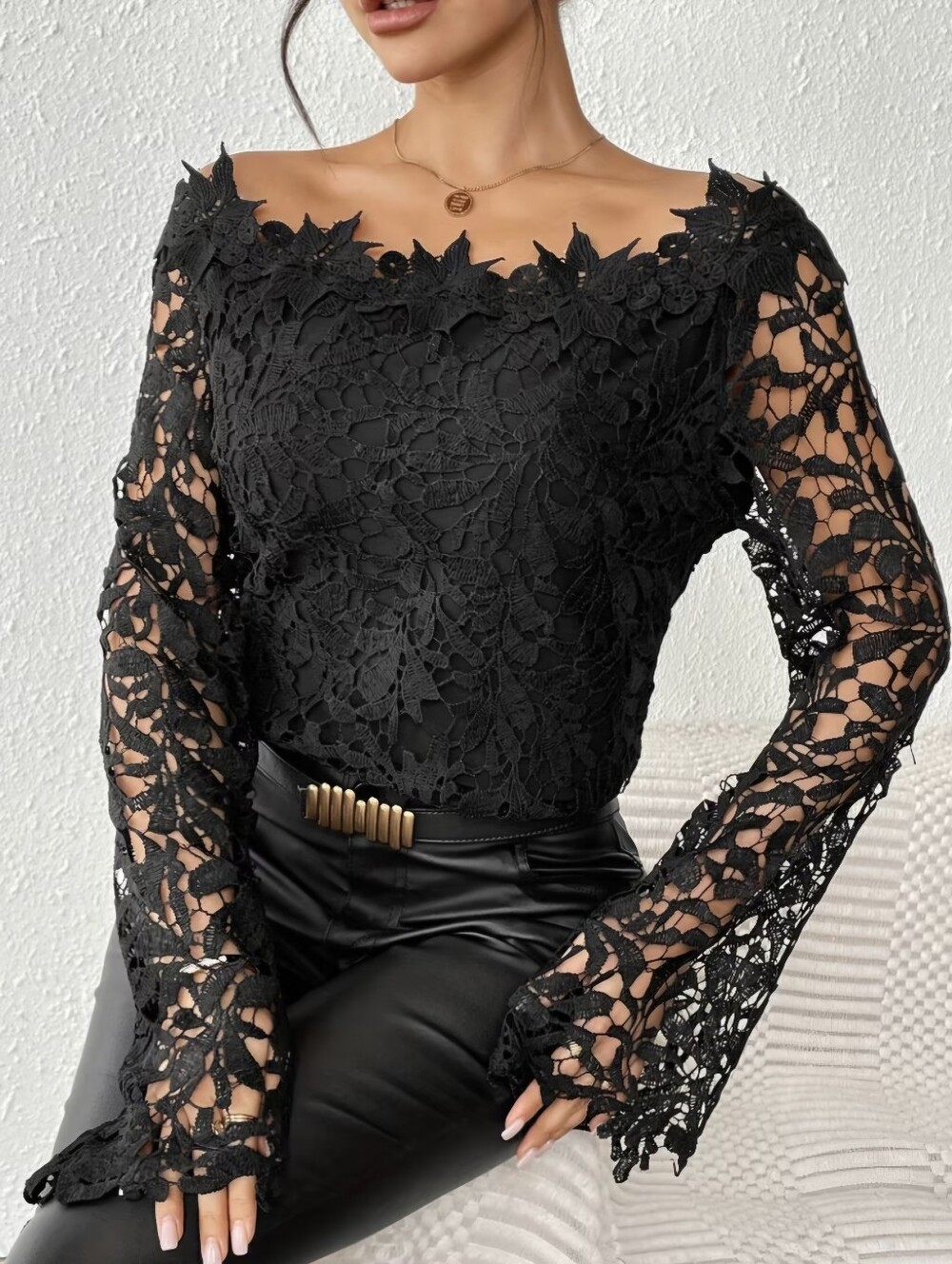 Long Solid Color Sexy Lace Trendy Fashion Casual Versatile Base Shirt Top